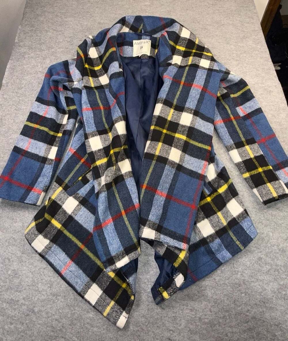 Allegra K Women's Shawl Collar Asymmetrical Hem Belted Plaid Coat Blue Medium